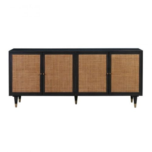 Black Wood Rattan Cane Buffet Sideboard