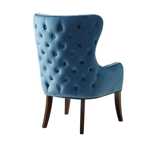 Blue Button Tufted Back Wing Chair