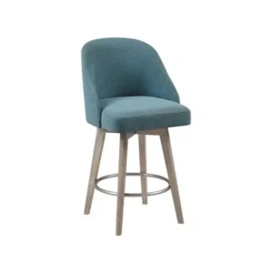 Blue Green Fabric Barrel Style Light Wood Swivel Stool