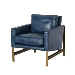 Blue Leather Brass Finish Square Base & Legs Club Chair