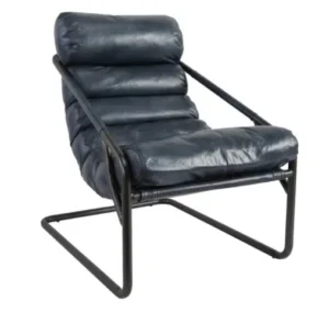 Blue Leather Chic Channel Back Black Iron Lounge Chair