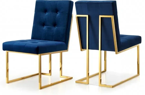 Blue Navy Velvet Modern Boxy Geometric Dining Chair Gold Legs Set of 2