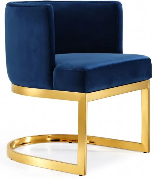 Blue Velvet Barrel Shape Gold Base Dining Accent Chair