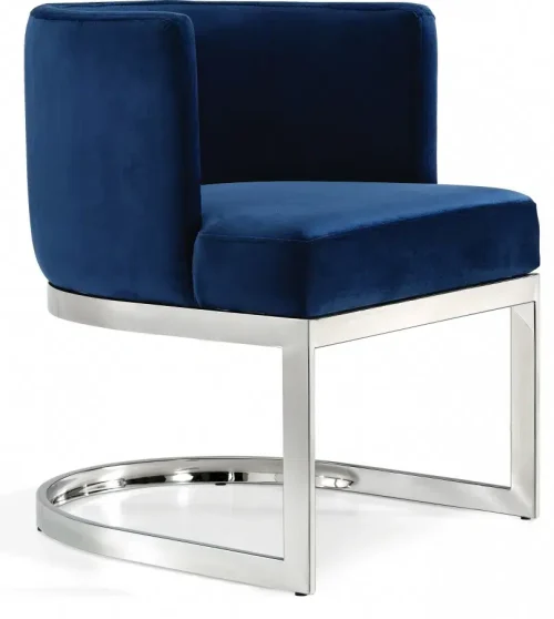 Blue Velvet Barrel Shape Silver Base Dining Accent Chair