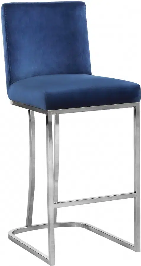 Blue Velvet Curved Stool Silver Base