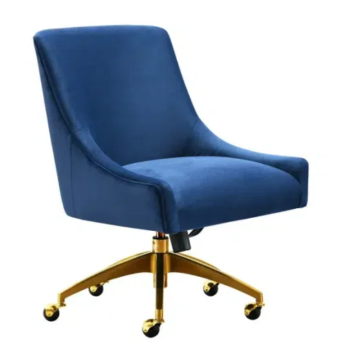 Blue Velvet Swivel Office Desk Chair Gold Base Wheels