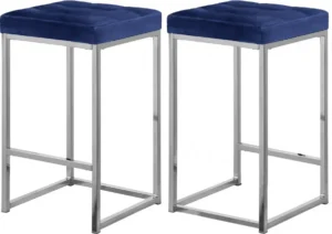 Blue Velvet Tufted Backless Counter Stool Chrome Base Set 2