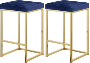 Blue Velvet Tufted Backless Counter Stool Gold Base Set 2