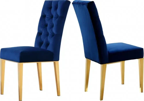 Blue Velvet Tufted Dining Chair Gold Legs Set of 2