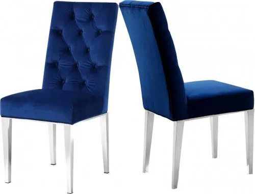 Blue Velvet Tufted Dining Chair Silver Legs Set of 2