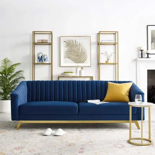 Blue Velvet Vertical Channel Tufted Sofa