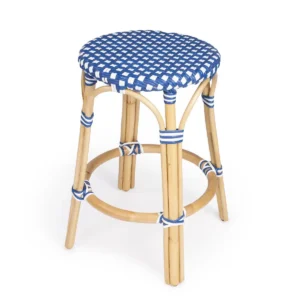 Blue & White Patterned Rattan Backless Counter Stool