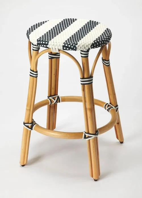 Blue & White Stripe Rattan Backless Bar & Counter Stool
