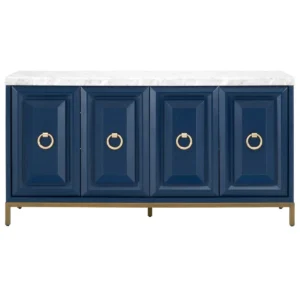 Blue Wood White Marble Top Brushed Gold Base & Accents Sideboard