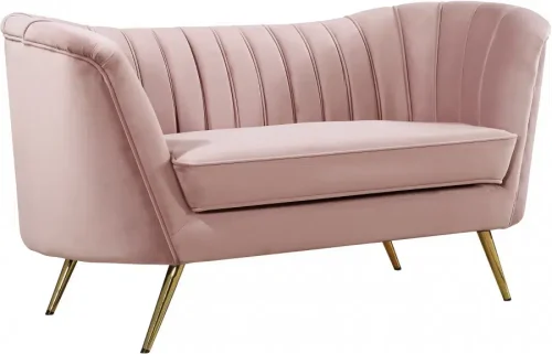 Blush Pink Velvet Channel Tufted Loveseat Sofa Gold Legs