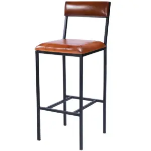 Brown Leather Black Iron Body Armless Bar Stool with Back