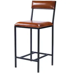 Brown Leather Black Iron Body Armless Counter Stool with Back