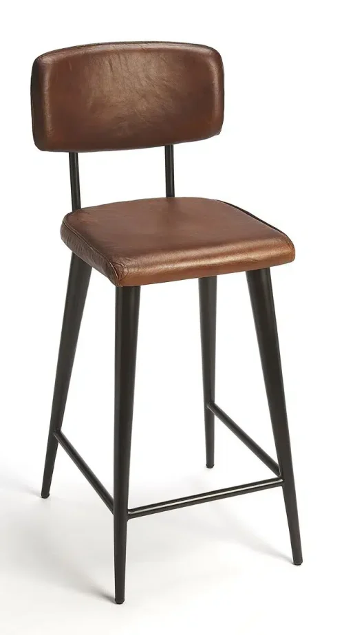 Brown Leather Black Metal Industrial Bar Stool