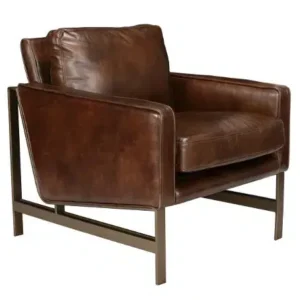 Brown Leather Brass Finish Square Base & Legs Club Chair