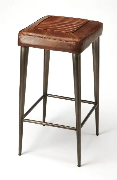 Brown Leather & Metal Aviator Style Bar Stool