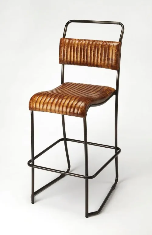 Brown Leather & Rustic Pipe Metal Aviator Style Backed Bar Stool