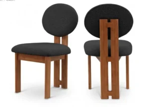Brown Wood and Black Boucle Fabric Contemporary Dining Chair Set 2