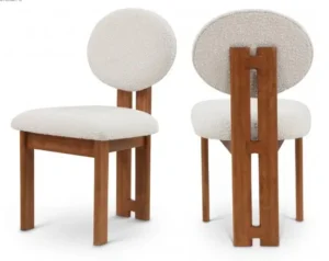 Brown Wood and Cream Boucle Fabric Contemporary Dining Chair Set 2