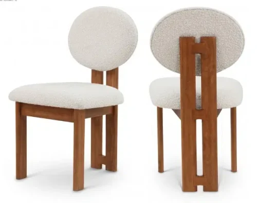 Brown Wood and Cream Boucle Fabric Contemporary Dining Chair Set 2