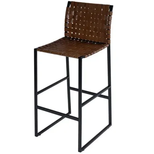 Brown Woven Leather Black Iron Base Armless Bar Stool