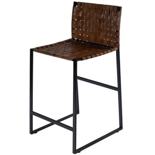 Brown Woven Leather Black Iron Base Armless Counter Stool