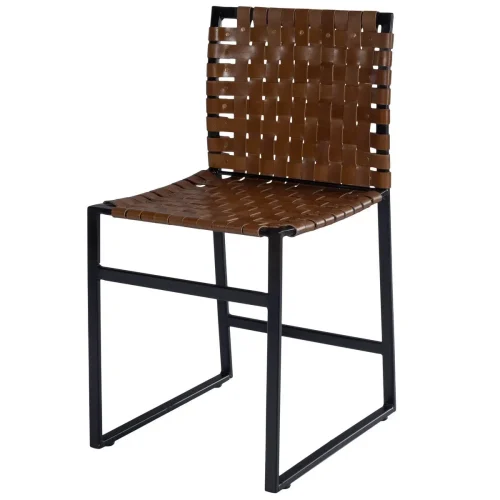 Brown Woven Leather Black Iron Base Armless Dining Chair