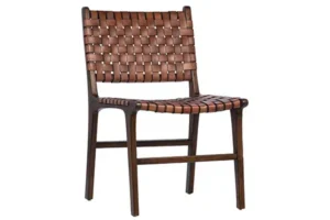 Brown Woven Leather Teak Frame Armless Dining Chair Set 2