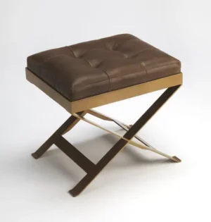 Chocolate Brown Leather & Brass X Frame Stool Footstool