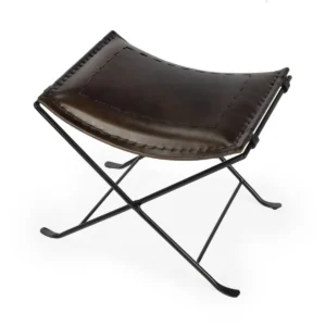 Espresso Brown Stitched Leather & Black Iron Stool Footstool