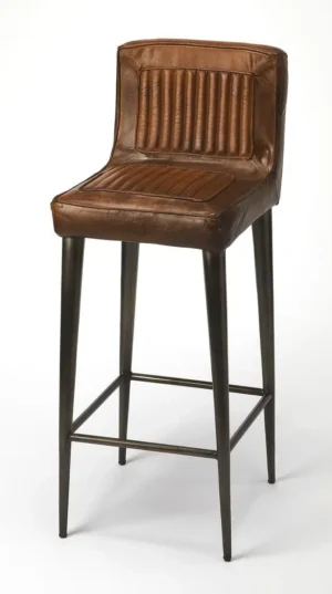 Brown Leather & Metal Aviator Style Backed Bar Stool