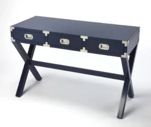 Dark Blue Wood Desk with Silver Hardware