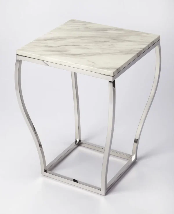 Square White Marble Top Silver Base Accent Table