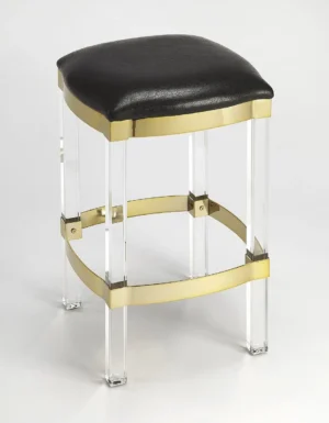 Black Leather Gold Metal & Acrylic Leg Backless Counter Bar Stool