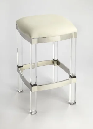 White Leather Silver Metal & Acrylic Leg Backless Counter Bar Stool