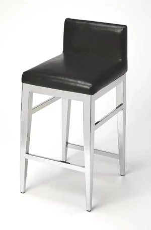 Polished Chrome Black Leather Contemporary Glam Counter Stool