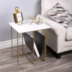 Gold Metal Leather White Marble Magazine Holder Accent Table
