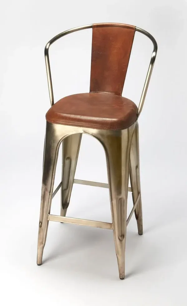 Industrial Style Metal & Brown Leather Seat Bar Stool