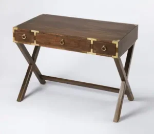 Mango Brown X Frame Wood Desk with Brass Hardware