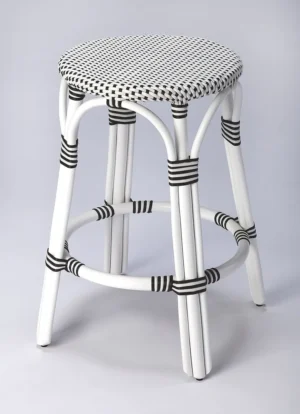 Black & White Patterned White Rattan Backless Counter Stool