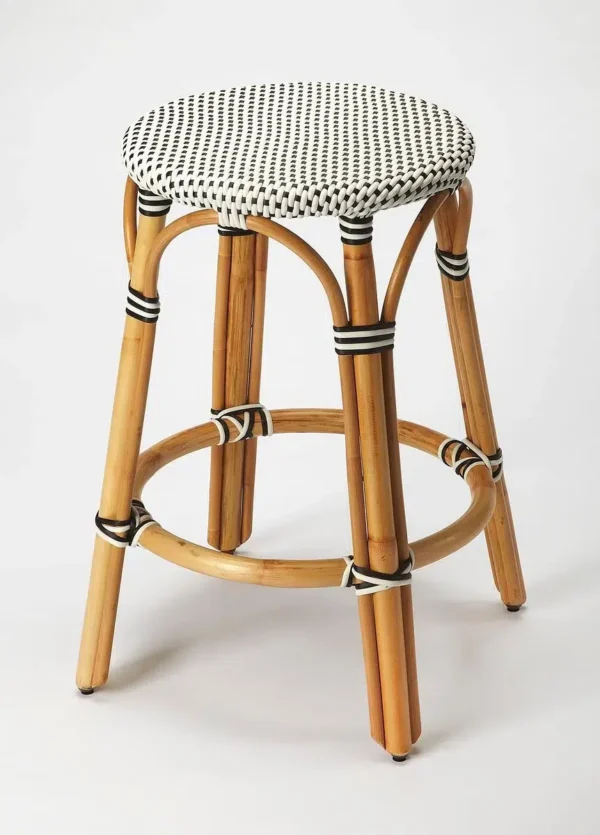 Black & White Patterned Rattan Backless Bar or Counter Stool