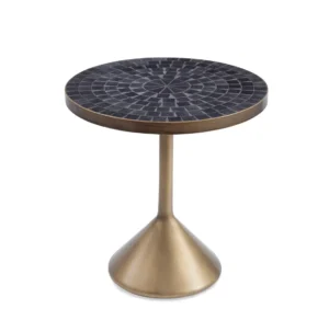 Black Mosaic Design Round Top Brass Flared Base Accent Side Table