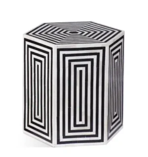 Black & White Natural Bone Hexagon Shape Striped Drum Accent Table