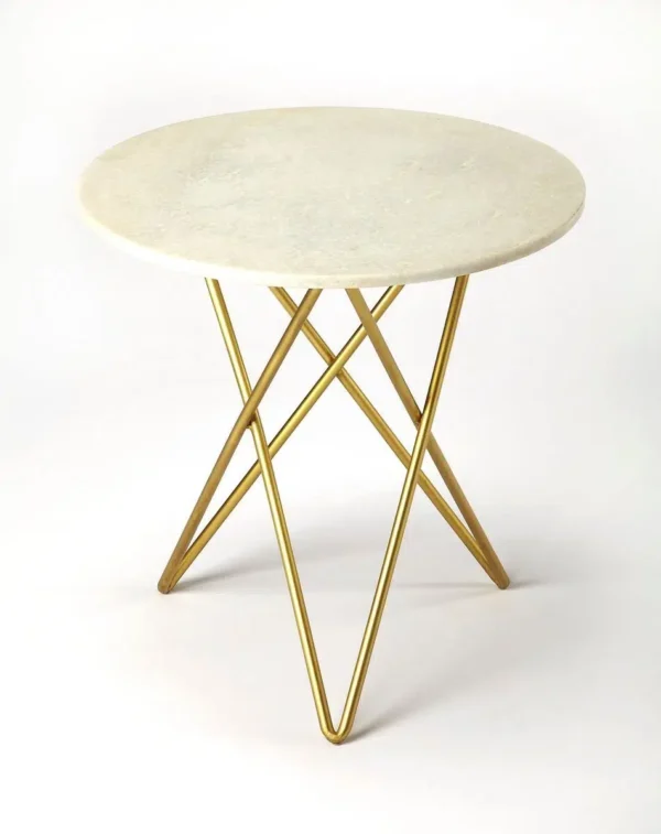 White Marble Top Gold Paperclip Base Mid Century Modern Side Table