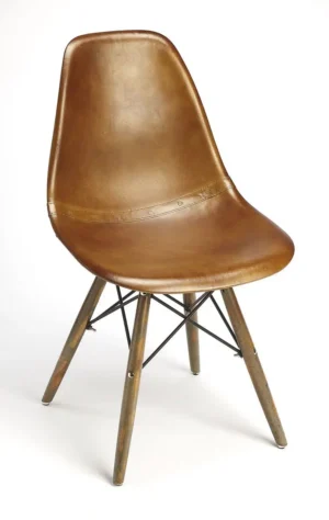 Brown Leather Mid Century Wood Legs Dining Chair