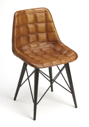 Brown Quilted Leather Mid Century Black Metal Legs Dining Chair